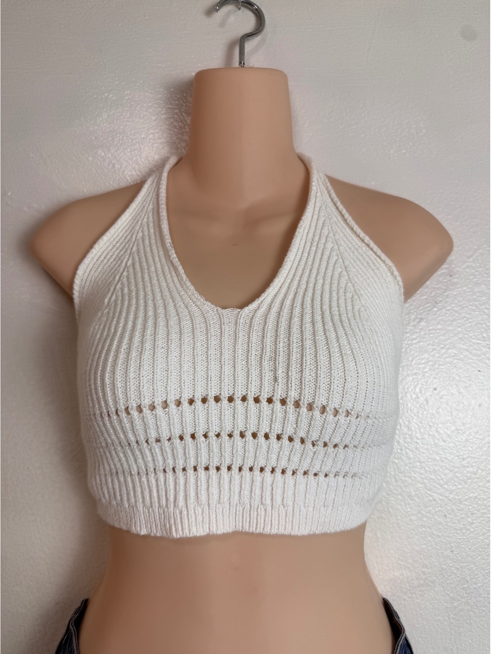 Paper Moon White Knit Halter Crop Top L Boho Y2K
